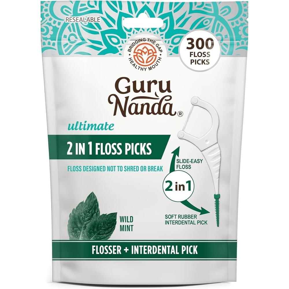 GuruNanda 2 in 1 Dental Floss Picks Oral Care Mint PFAS Free Interdental 300ct